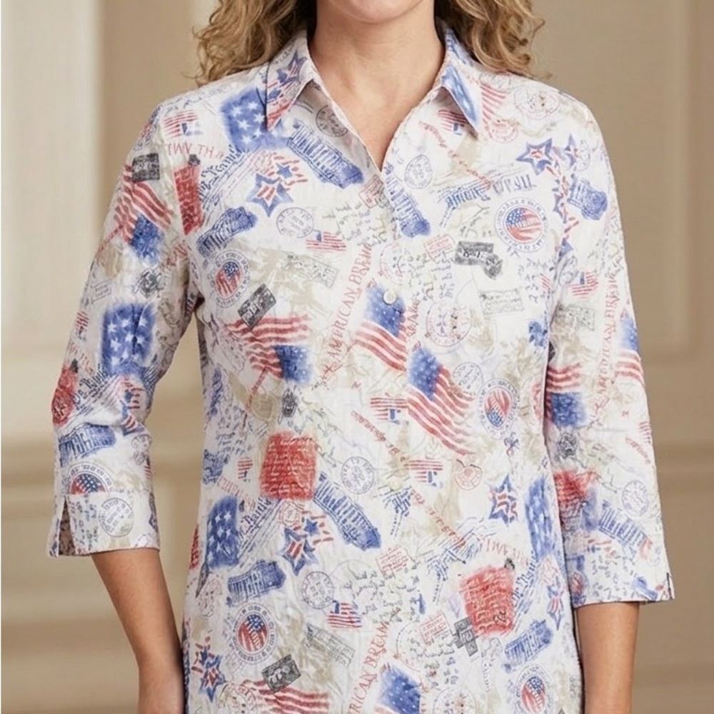 Alia Petites Patriotic Americana Button Down Blouse | Size 16P | 3/4 Sleeve EUC - Picture 10 of 12